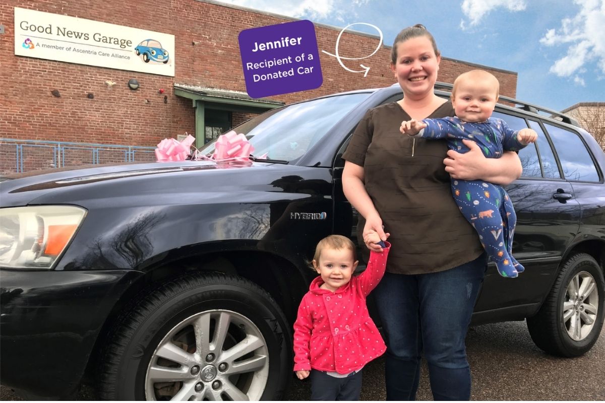 Jennifer, Recipient of Donated Car stands with her two kids