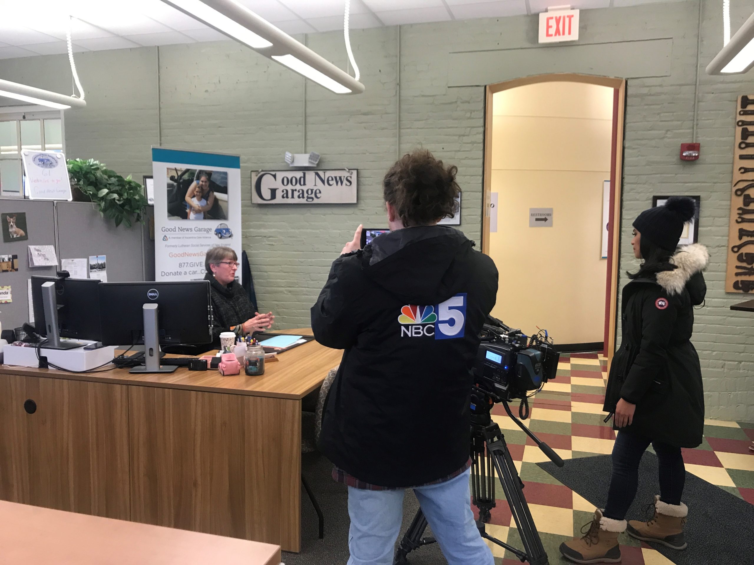 NBC news filiming at the Good New Garage office for a story about the national car shortage