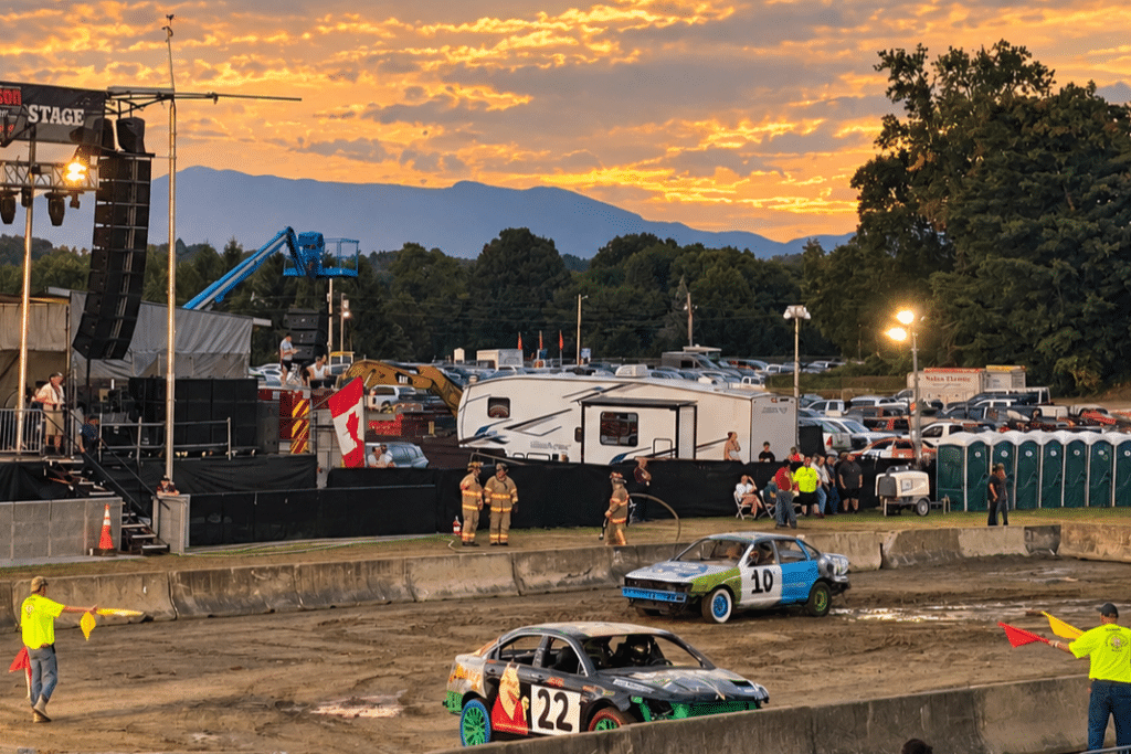 The sun sets over the Demolition Derby at the Champlain Valley Exposition Center and Fairgrounds.